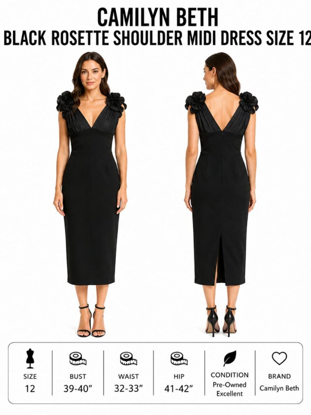 CAMILYN BETH BLACK ROSETTE SHOULDER MIDI DRESS SIZE 12